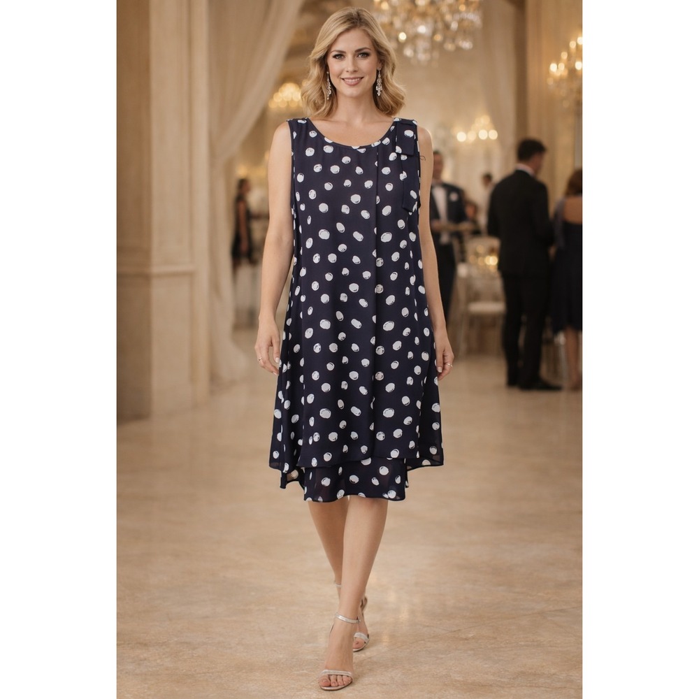 SLNY Women's Sz 12 Formal Layered Flowing Shift Chiffon Dress Polka-dot